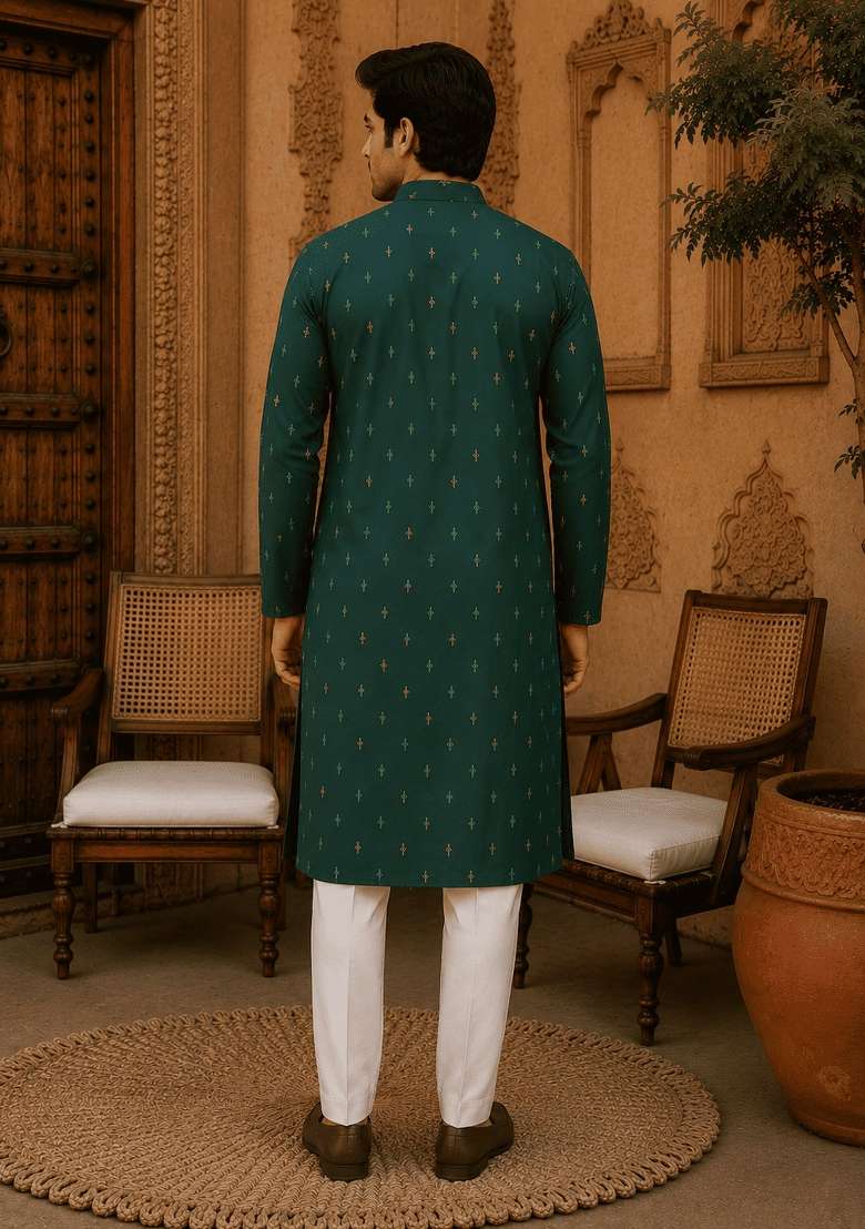 Green Printed Viscose Kurta Pyjama For Men - Indya