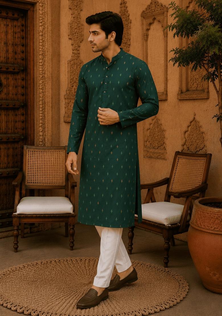 Green Printed Viscose Kurta Pyjama For Men - Indya
