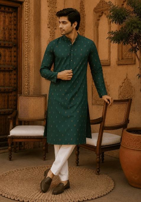 Green Printed Viscose Kurta Pyjama For Men