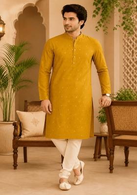 Yellow Printed Viscose Kurta Pyjama For Men