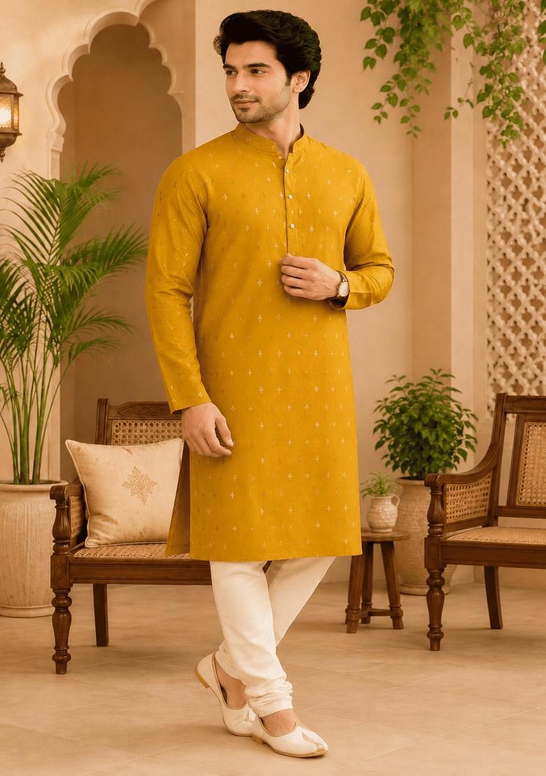 Yellow Printed Viscose Kurta Pyjama For Men - Indya