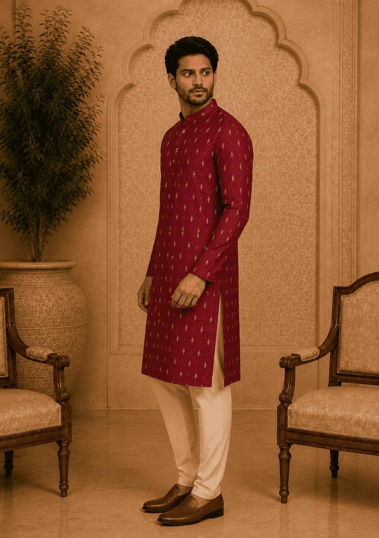 Maroon Printed Viscose Kurta Pyjama For Men - Indya