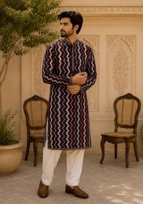 Multicolor Embroidery Viscose Kurta Pyjama For Men