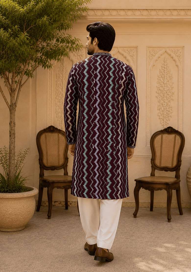 Multicolor Embroidery Viscose Kurta Pyjama For Men - Indya