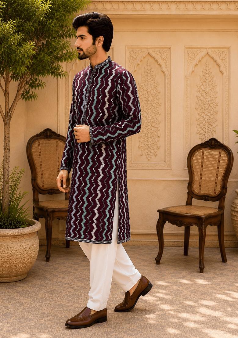 Multicolor Embroidery Viscose Kurta Pyjama For Men - Indya