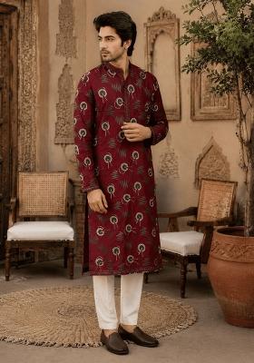 Maroon Embroidery Viscose Kurta Pyjama For Men