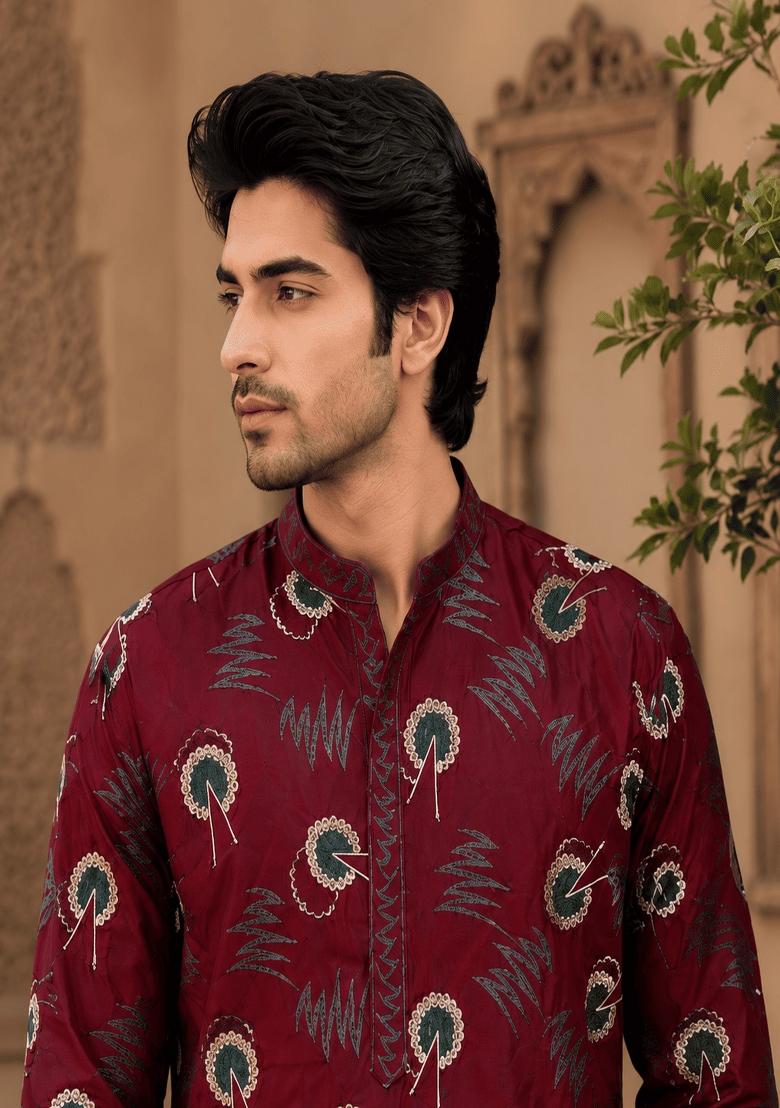 Maroon Embroidery Viscose Kurta Pyjama For Men - Indya
