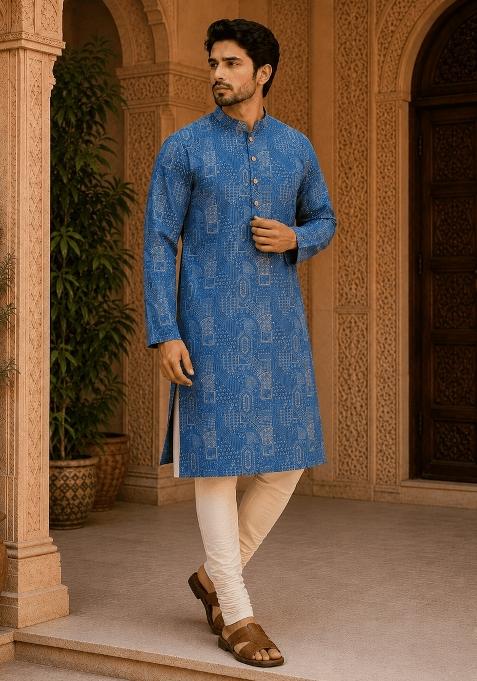 Blue Printed Viscose Kurta Pyjama For Men