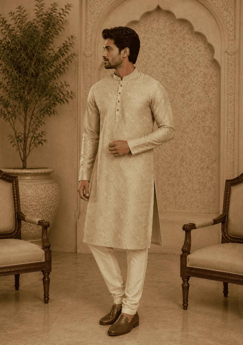 Light Green Printed Viscose Kurta Pyjama For Men - Indya