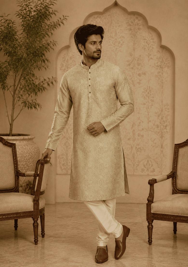 Light Green Printed Viscose Kurta Pyjama For Men - Indya