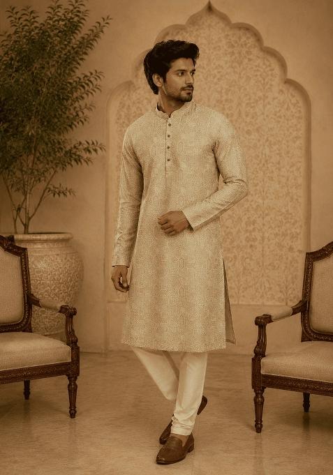 Light Green Printed Viscose Kurta Pyjama For Men