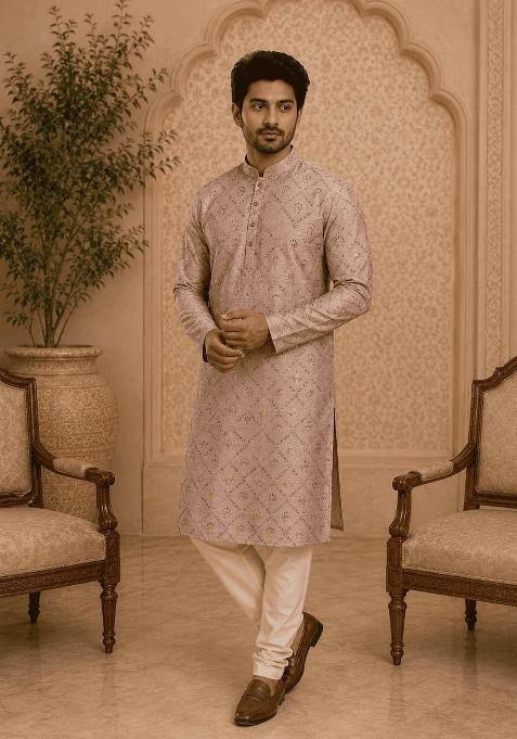 Peach Printed Viscose Kurta Pyjama For Men