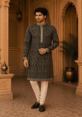 Black Embroidery Viscose Kurta Pyjama For Men