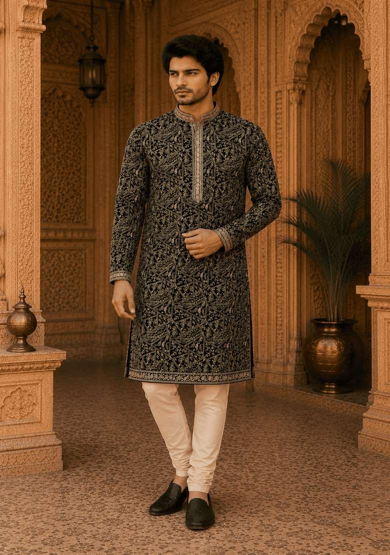 Black Embroidery Viscose Kurta Pyjama For Men - Indya