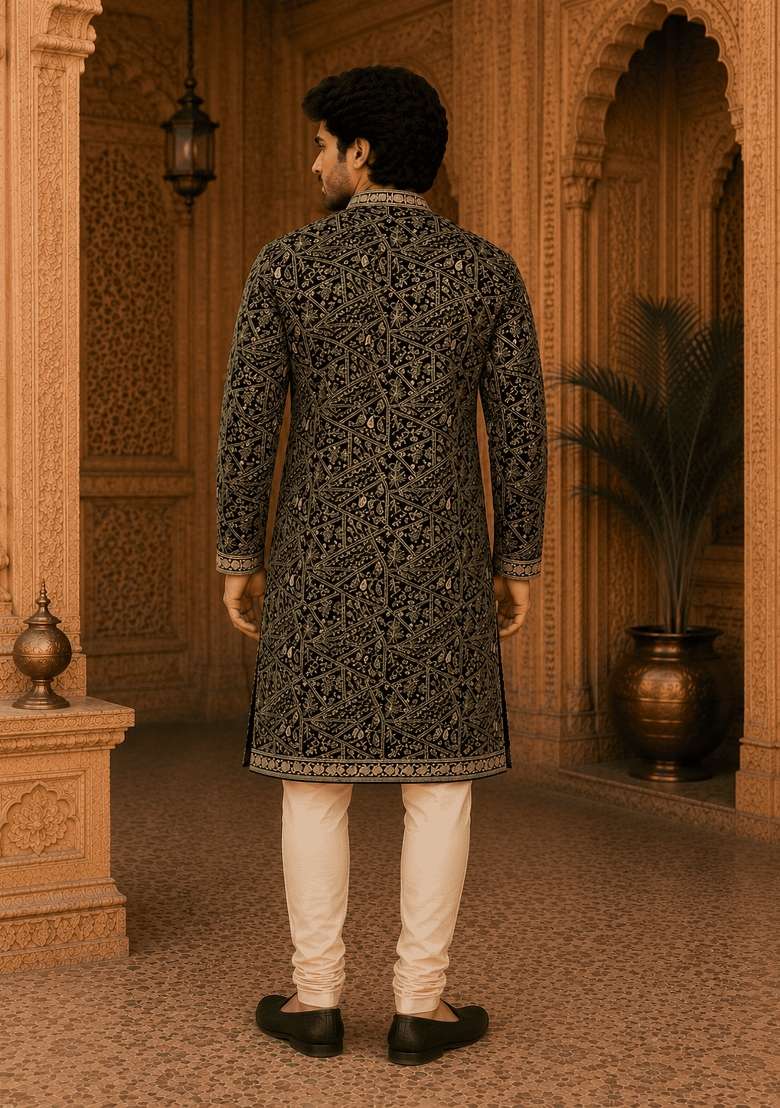 Black Embroidery Viscose Kurta Pyjama For Men - Indya
