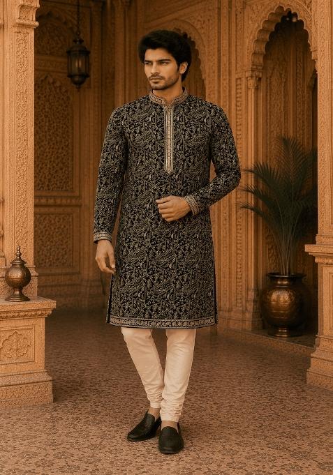 Black Embroidery Viscose Kurta Pyjama For Men