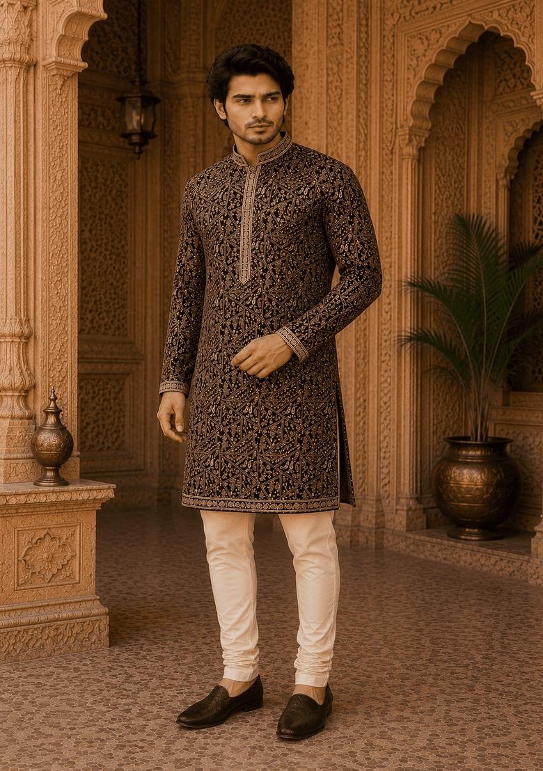 Royal Wine Embroidery Viscose Kurta Pyjama For Men - Indya