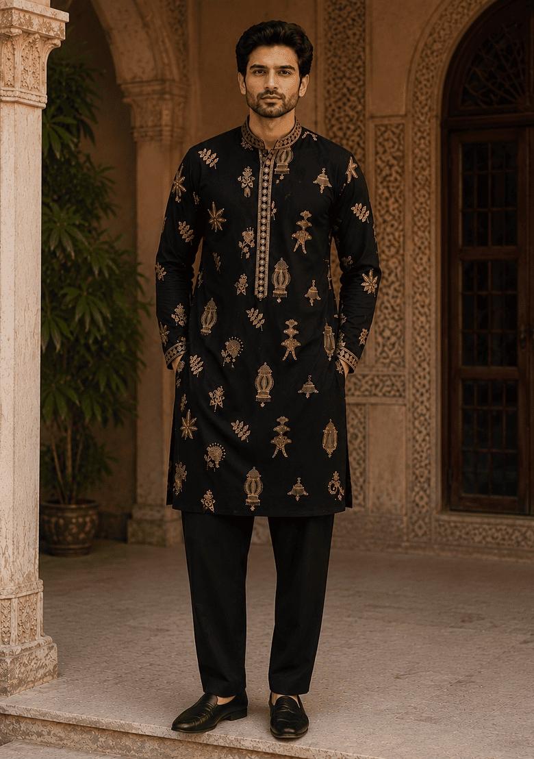 Midnight Black Embroidery Cotton Kurta Pyjama For Men - Indya