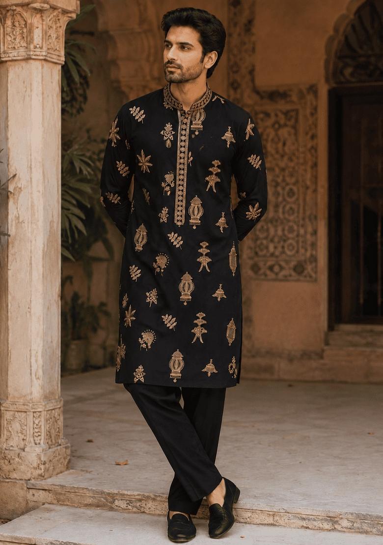 Midnight Black Embroidery Cotton Kurta Pyjama For Men - Indya