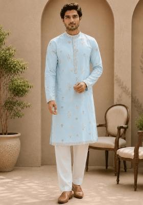 Sky Blue Embroidery Cotton Kurta Pyjama For Men