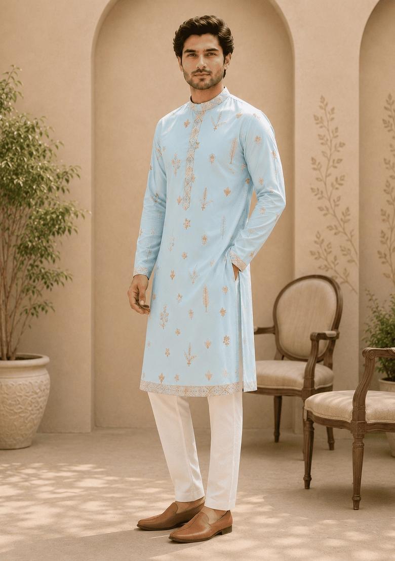 Sky Blue Embroidery Cotton Kurta Pyjama For Men - Indya