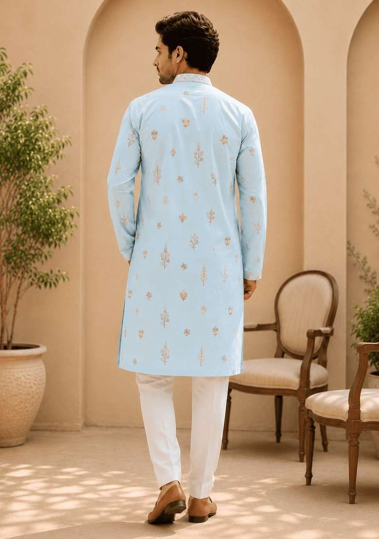 Sky Blue Embroidery Cotton Kurta Pyjama For Men - Indya