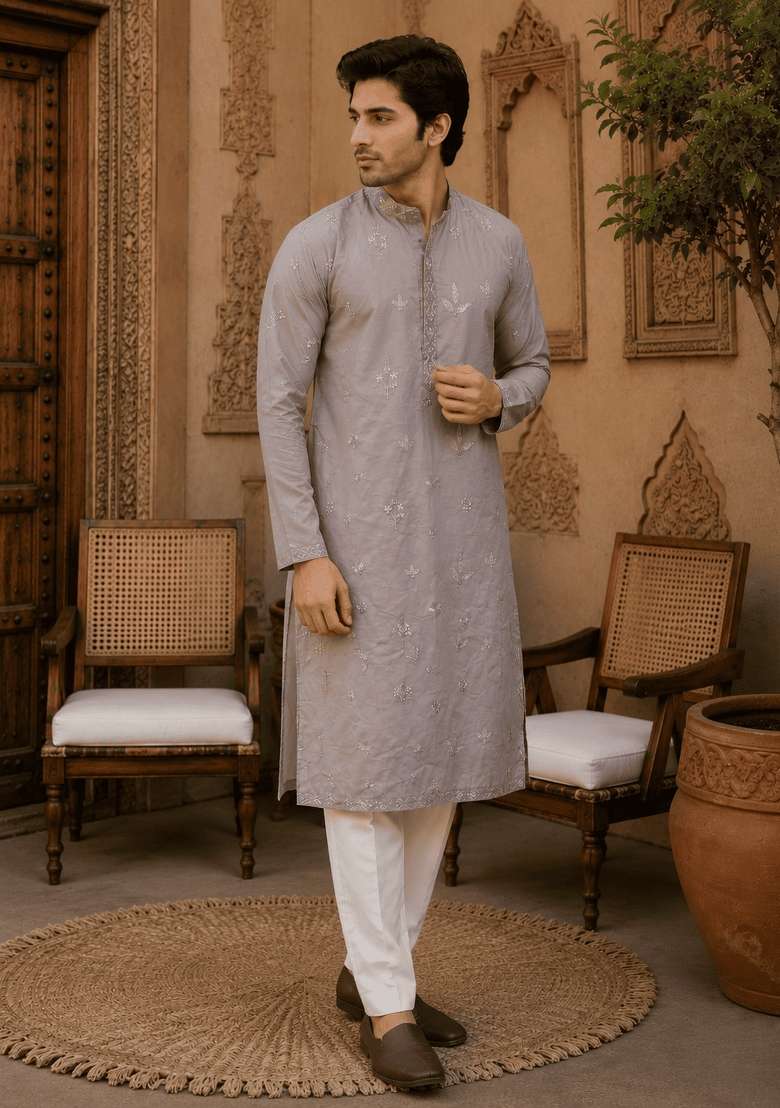 Light Grey Embroidery Viscose Kurta Pyjama For Men - Indya
