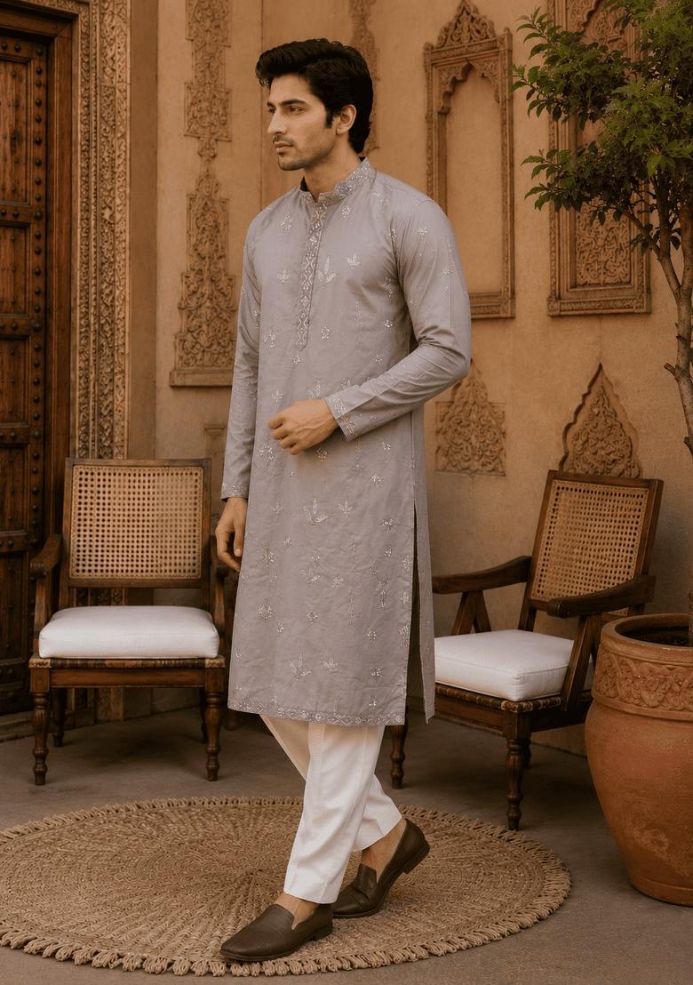 Light Grey Embroidery Viscose Kurta Pyjama For Men - Indya