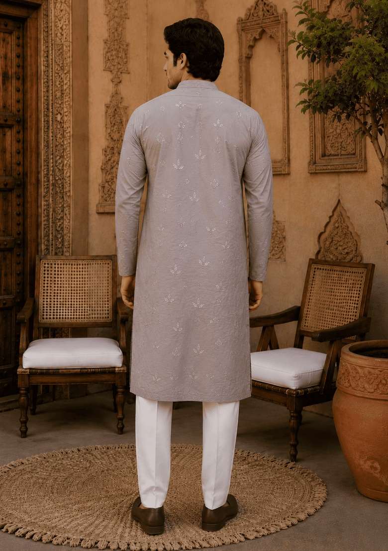 Light Grey Embroidery Viscose Kurta Pyjama For Men - Indya