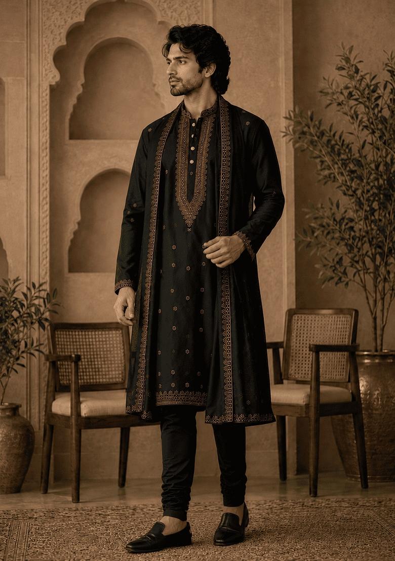 Black Embroidery Viscose Kurta Pyjama For Men - Indya