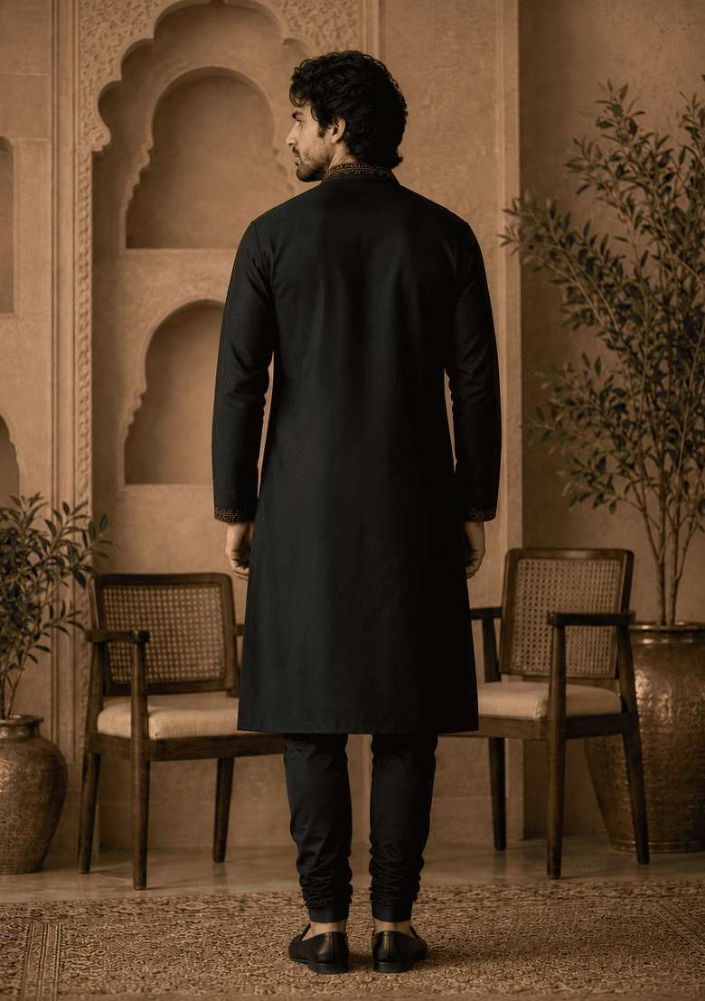 Black Embroidery Viscose Kurta Pyjama For Men - Indya