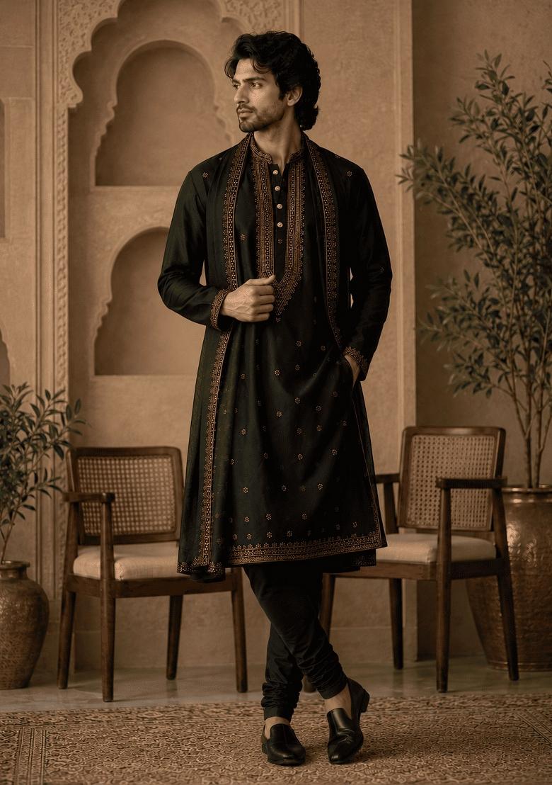 Black Embroidery Viscose Kurta Pyjama For Men - Indya