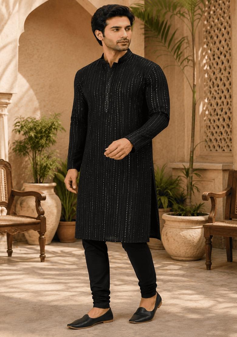 Black Embroidery Viscose Kurta Pyjama For Men - Indya