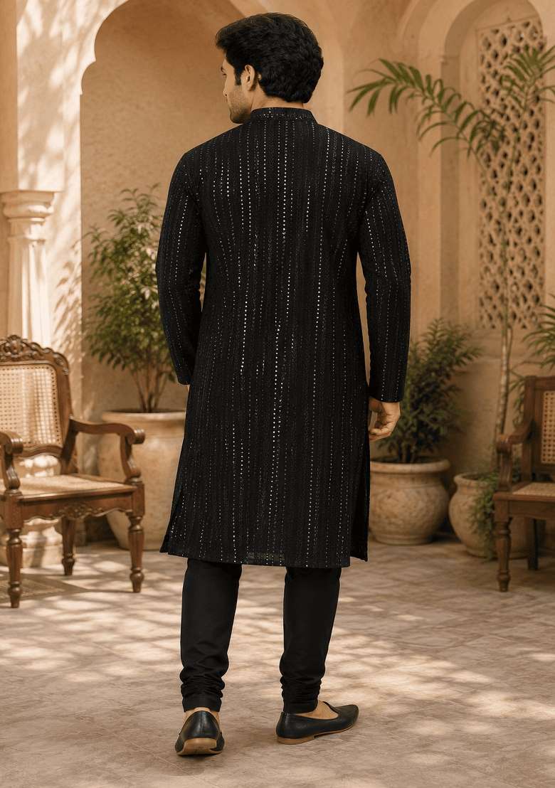 Black Embroidery Viscose Kurta Pyjama For Men - Indya