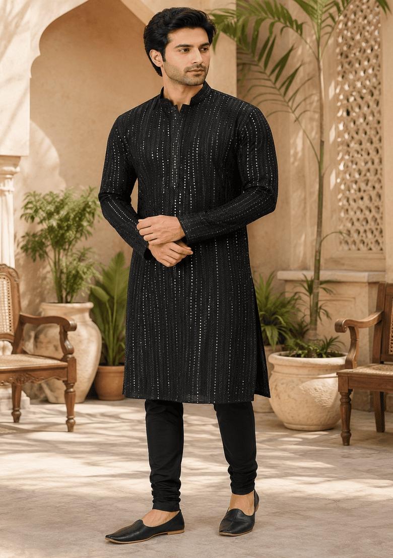 Black Embroidery Viscose Kurta Pyjama For Men - Indya