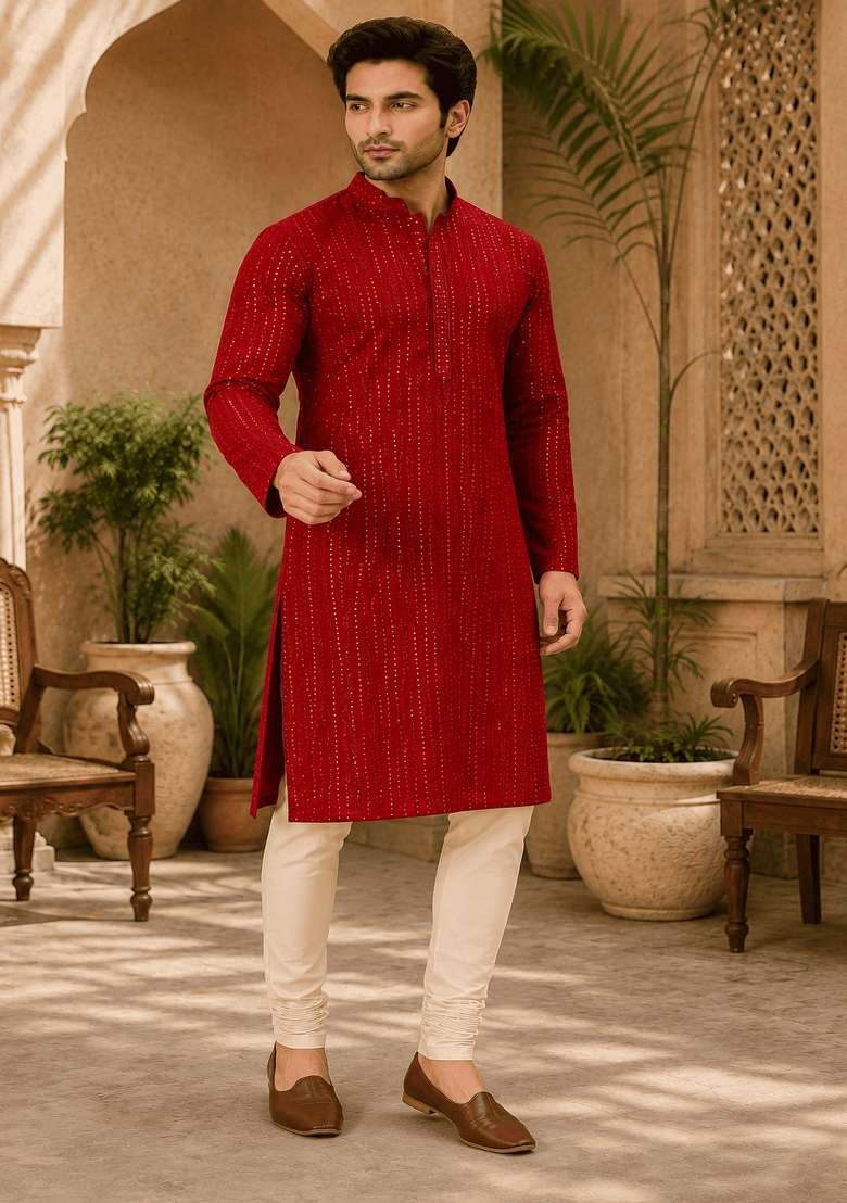 Red Embroidery Viscose Kurta Pyjama For Men - Indya