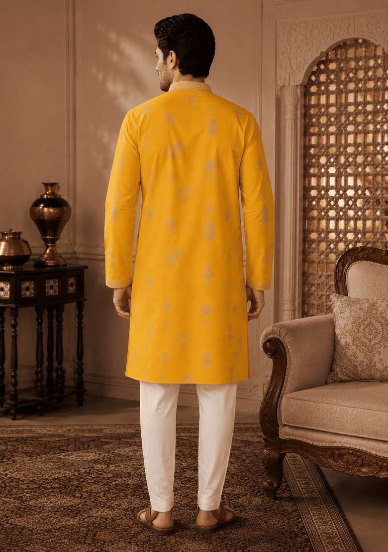 Yellow Embroidery Viscose Kurta Pyjama For Men - Indya