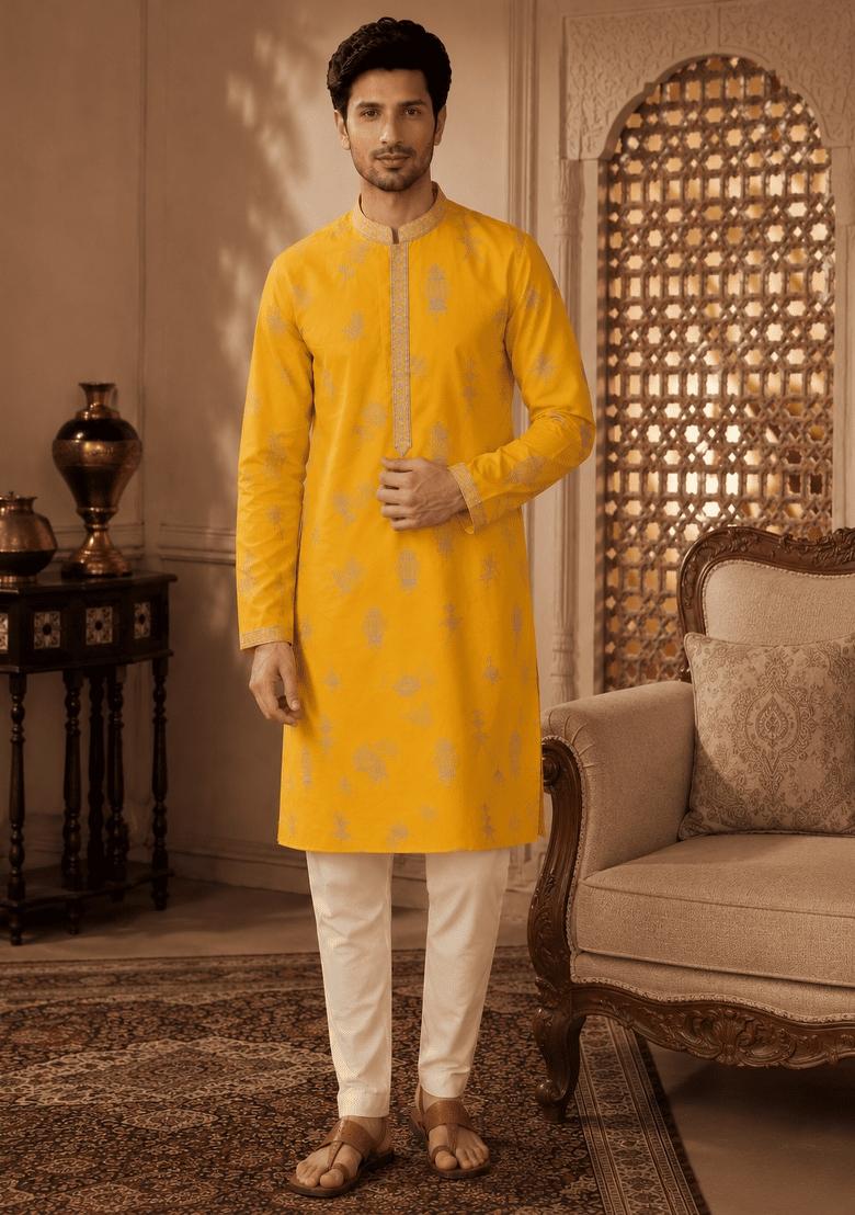 Yellow Embroidery Viscose Kurta Pyjama For Men - Indya