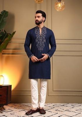 Navy Blue Embroidered Silk Kurta Pyjama For Men