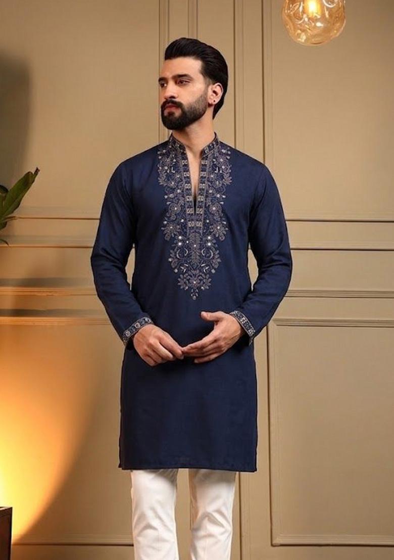 Navy Blue Embroidered Silk Kurta Pyjama For Men - Indya