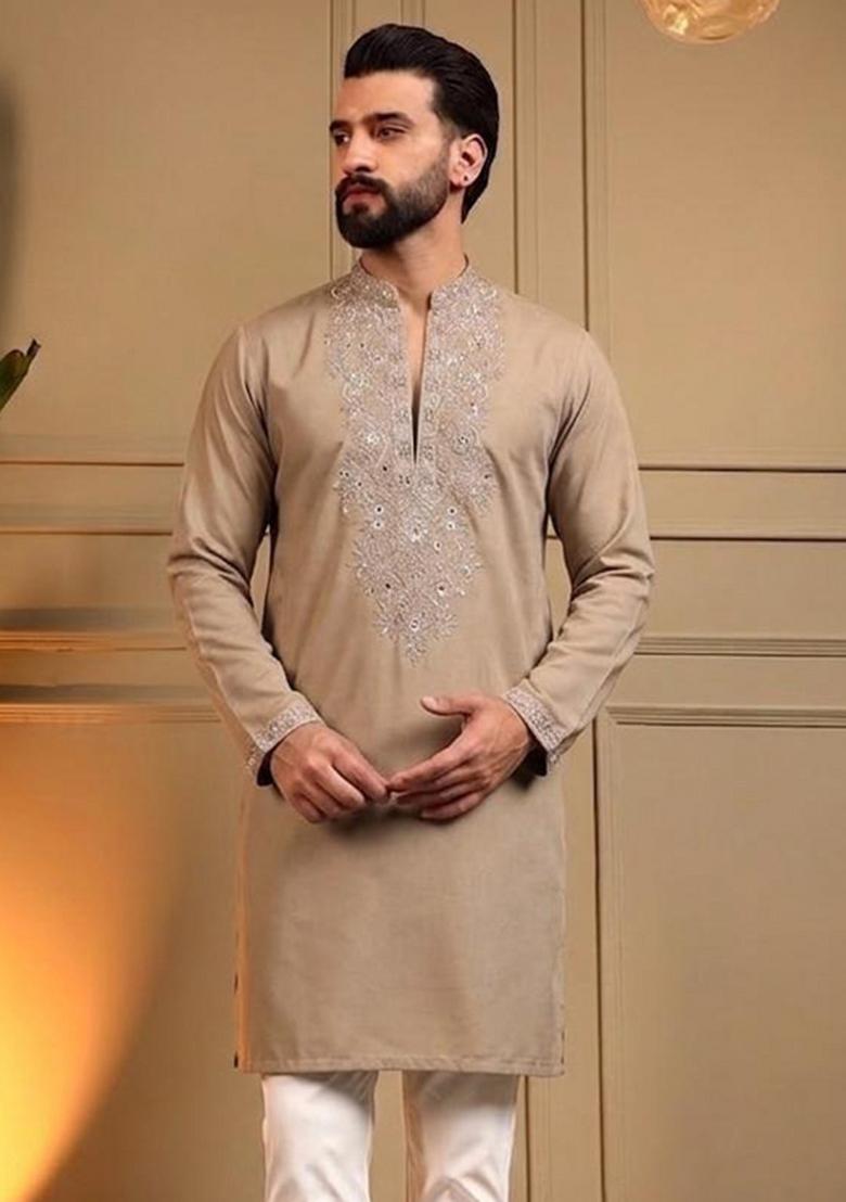 Brown Embroidered Silk Kurta Pyjama For Men - Indya