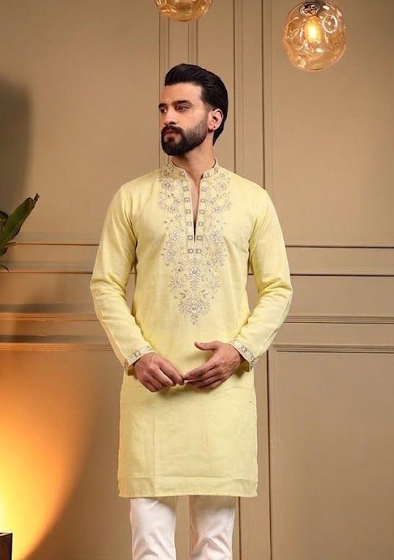 Yellow Embroidered Silk Kurta Pyjama For Men - Indya
