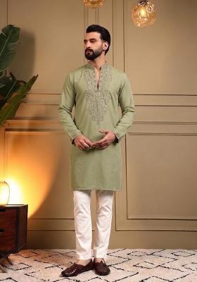 Olive Green Embroidered Silk Kurta Pyjama For Men
