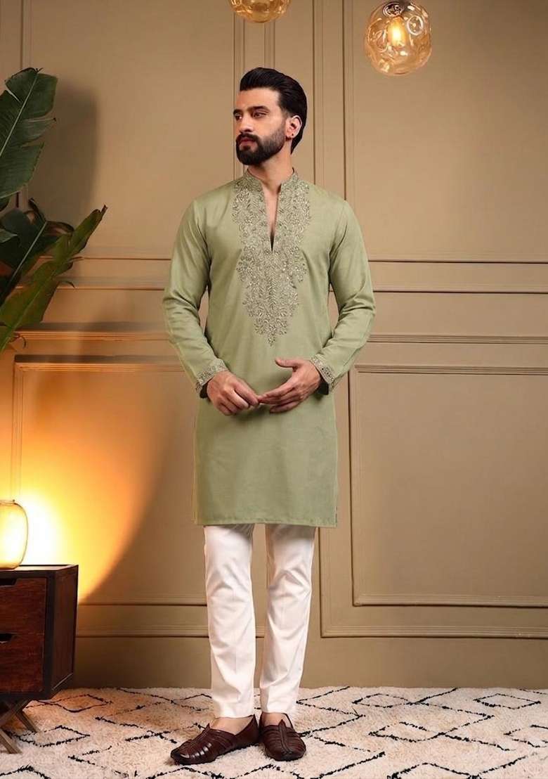 Olive Green Embroidered Silk Kurta Pyjama For Men - Indya