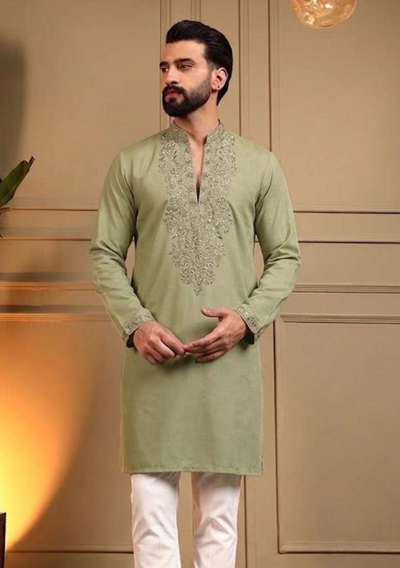 Olive Green Embroidered Silk Kurta Pyjama For Men - Indya