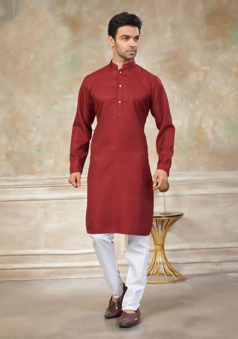 Red Schiffli Work Cotton Kurta Pyjama For Men - Indya