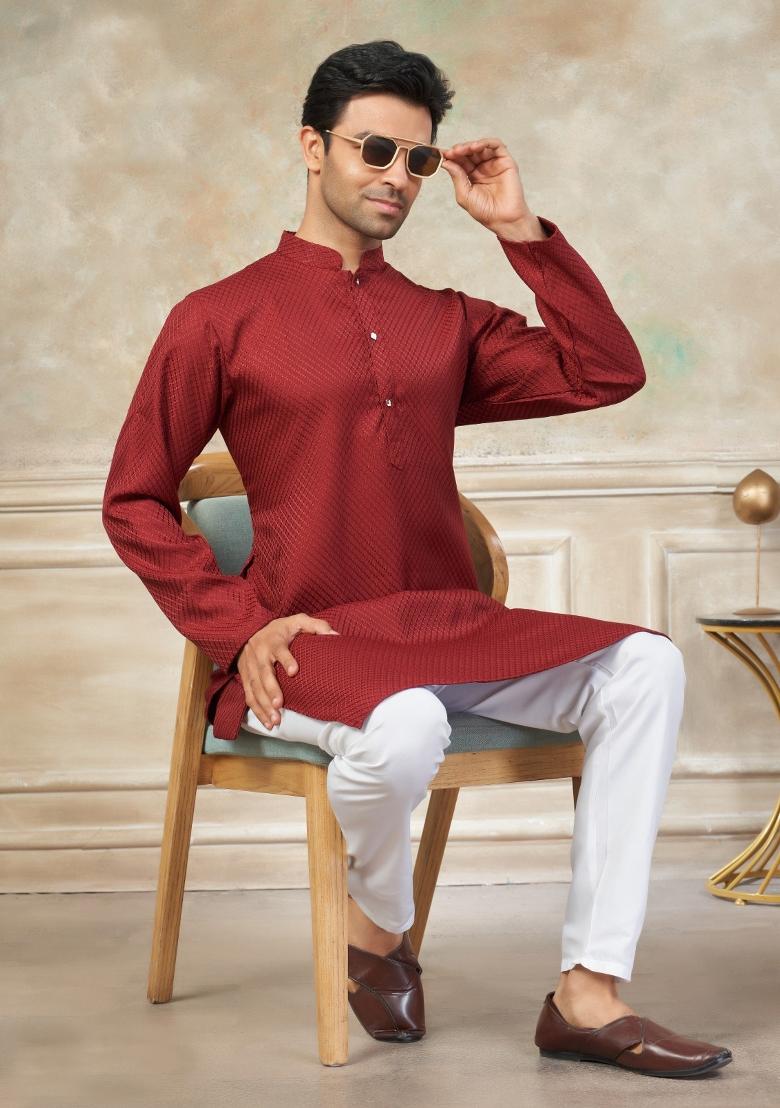 Red Schiffli Work Cotton Kurta Pyjama For Men - Indya