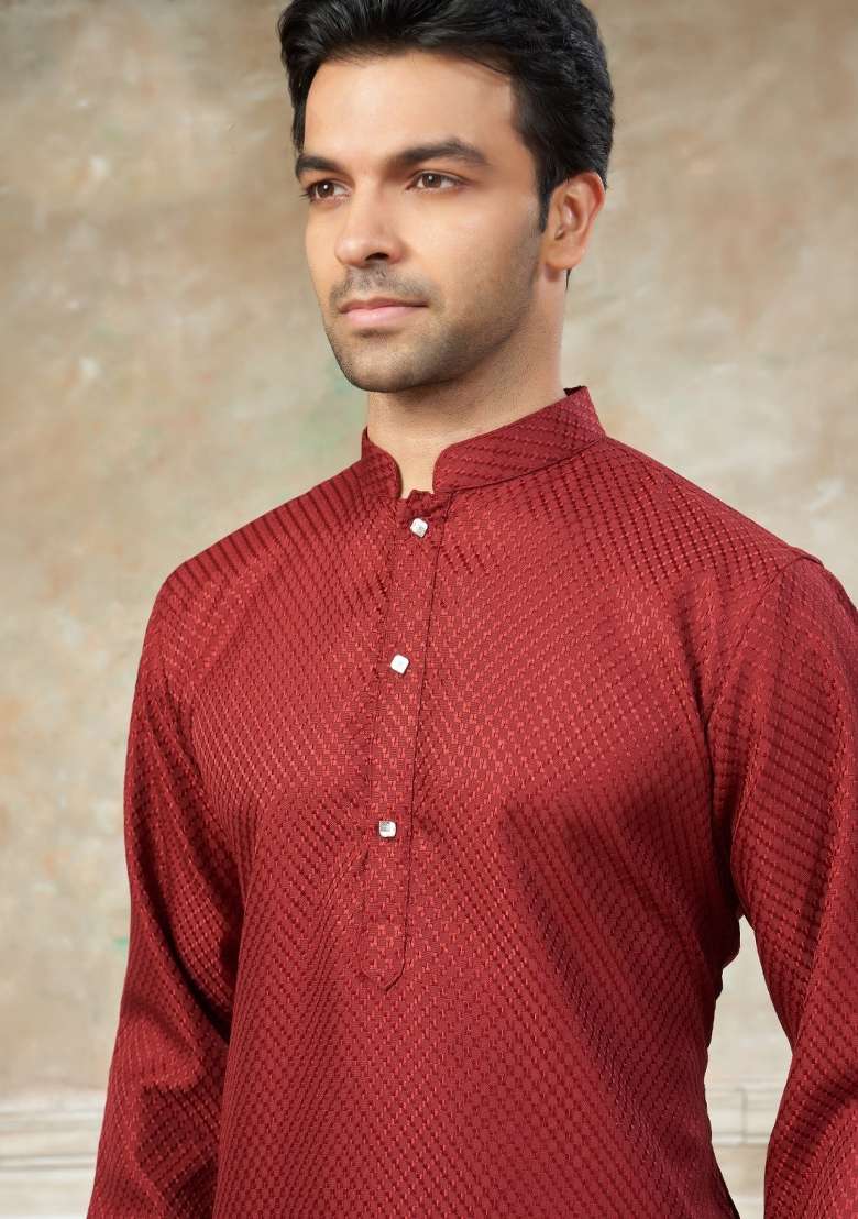 Red Schiffli Work Cotton Kurta Pyjama For Men - Indya