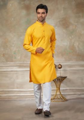 Yellow Schiffli Work Cotton Kurta Pyjama For Men