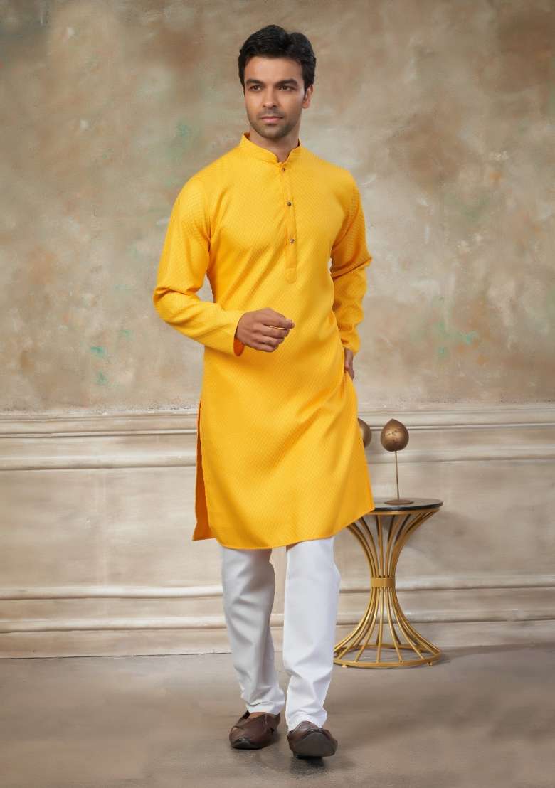 Yellow Schiffli Work Cotton Kurta Pyjama For Men - Indya